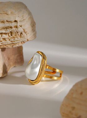 Fashion Imitation Pearl Stainless Steel Gold Color Ring for