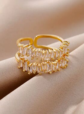 Double Layer Zircon Rings for Women Adjustable Gold Plated S