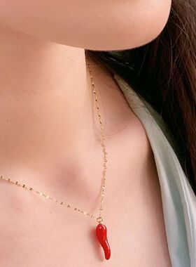 Enamel Chili Charm Pendant Necklace Lucky Horn Pendant Neckl