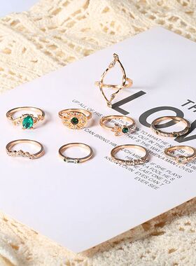 Fashion Green Crystal Knuckle Finger Rings Set For Women Geo