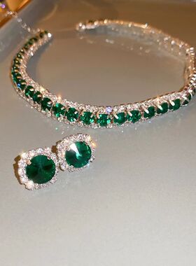 Luxury Necklace Earrings Sets Green Crystal Necklace Women W