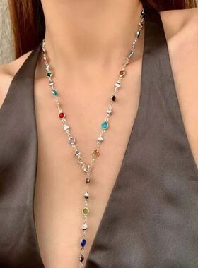Fashion Colorful Glass Long Y-Shaped Necklace for Women Meta