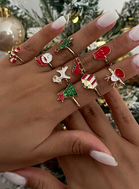 9Pcs/Set Christmas Tree Elk Santa Claus Rings Set for Women
