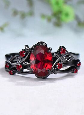 2Pcs/Set Fashion Black Gold Color Red Rhinestone Zircon Ring