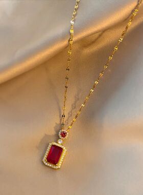 316L Stainless Steel Square Green Red Zircon Pendant Necklac