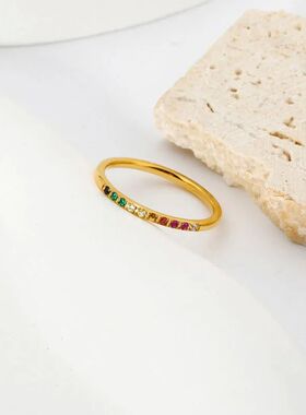 INS Stainless Steel Rainbow Color Cubic Zircon Stone Finger