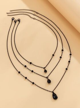 Layered Black Chain with Droplet Pendants Necklace for Women