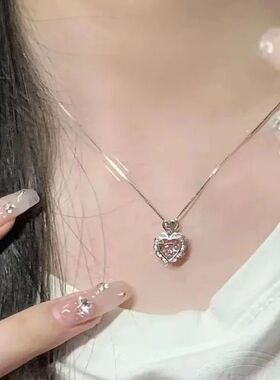 Korea Pink Crystal Pendant Heart Necklace for Women Girls Ch