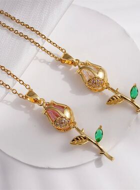 Stainless Steel Colorful Zircon Tulip Pendant Necklace for W