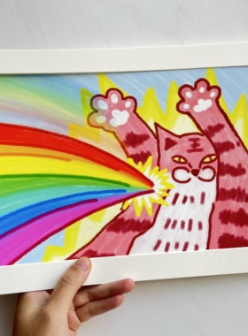 anly原创｜腋窝发出彩虹小猫装饰画 手绘 插画 A4 搞怪 礼物