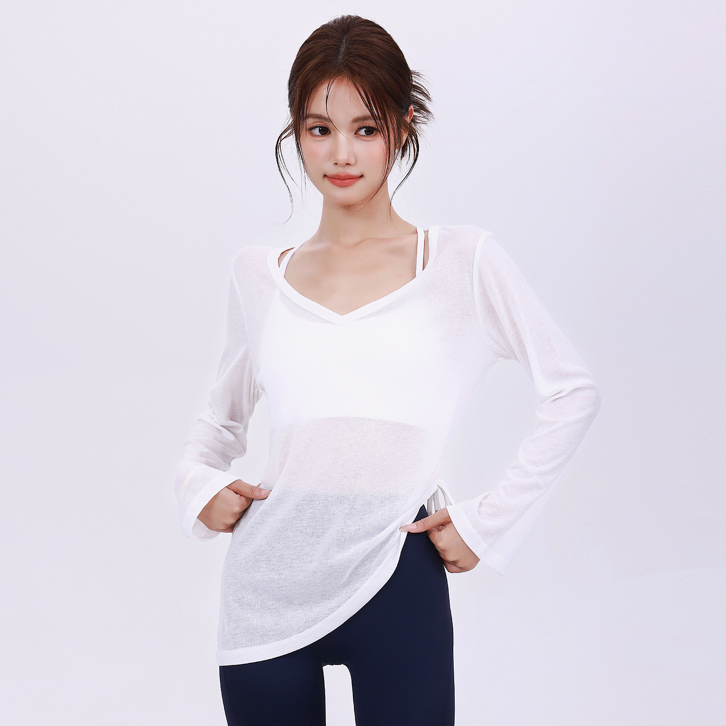 奔跑吧卡卡运动上衣女轻薄透气瑜伽服罩衫显瘦侧绑带长袖遮臀T恤,淘宝优惠券,粉丝福利购,淘宝优惠卷