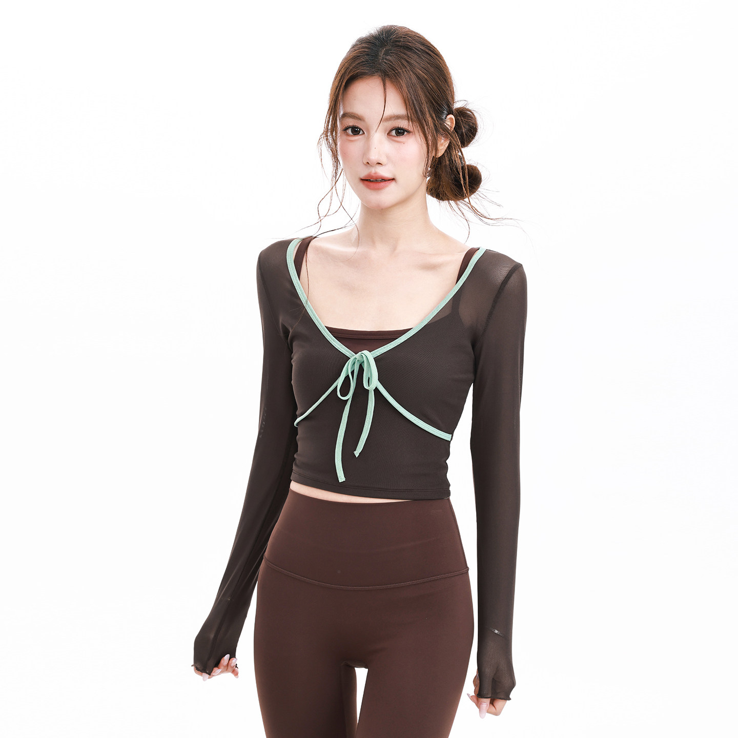 奔跑吧卡卡美拉德运动绑带网纱上衣女长袖固定杯瑜伽普拉提健身服,淘宝优惠券,粉丝福利购,淘宝优惠卷