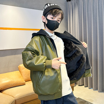 Boy autumn winter gush leather coat coat big children 2023 new 15 year old boy fur integrated jacket uppie handsome