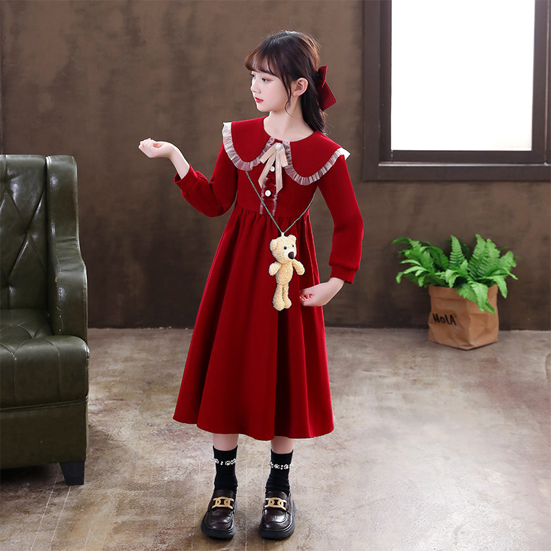 秋冬新款韩版学院风中大童长裙儿童裙子秋冬款加绒红色长袖裙子,淘宝优惠券,粉丝福利购,淘宝优惠卷