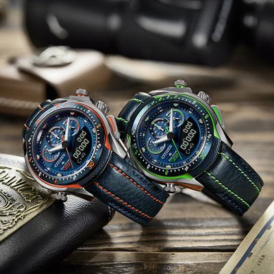 西铁城官方不锈钢间绿蓝色运动男表 西铁城中尧日韩腕表