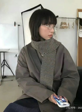 柔桑集韩版仿羊绒细条纹艺术感拼色围巾苏格兰短款小围脖时尚搭配