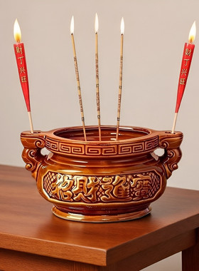 金色陶瓷香炉家用居室供奉插香炉佛堂供佛佛具财神招财双耳小香炉