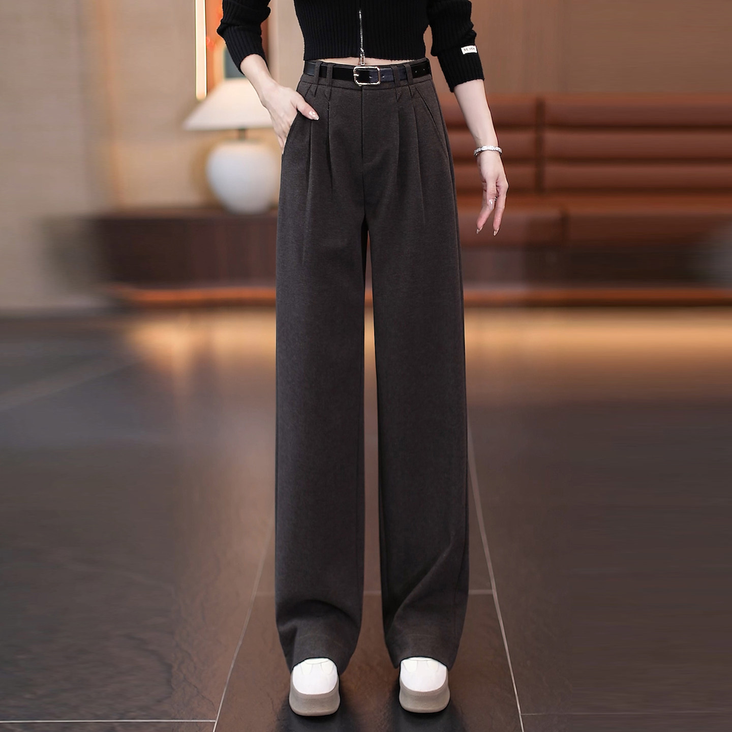 毛呢窄版阔腿裤女秋冬2025新款高腰垂感休闲西装裤宽松显瘦直筒裤,淘宝优惠券,粉丝福利购,淘宝优惠卷