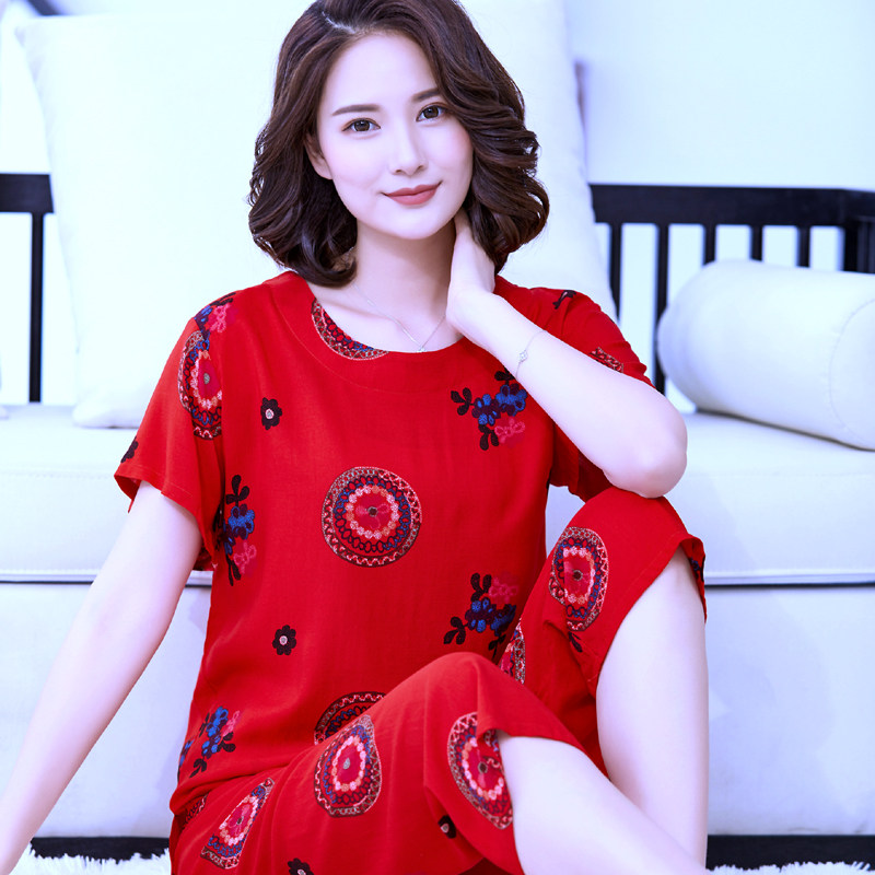 短袖大红喜庆中老年女士棉绸睡衣 顿尼科睡衣/家居服套装