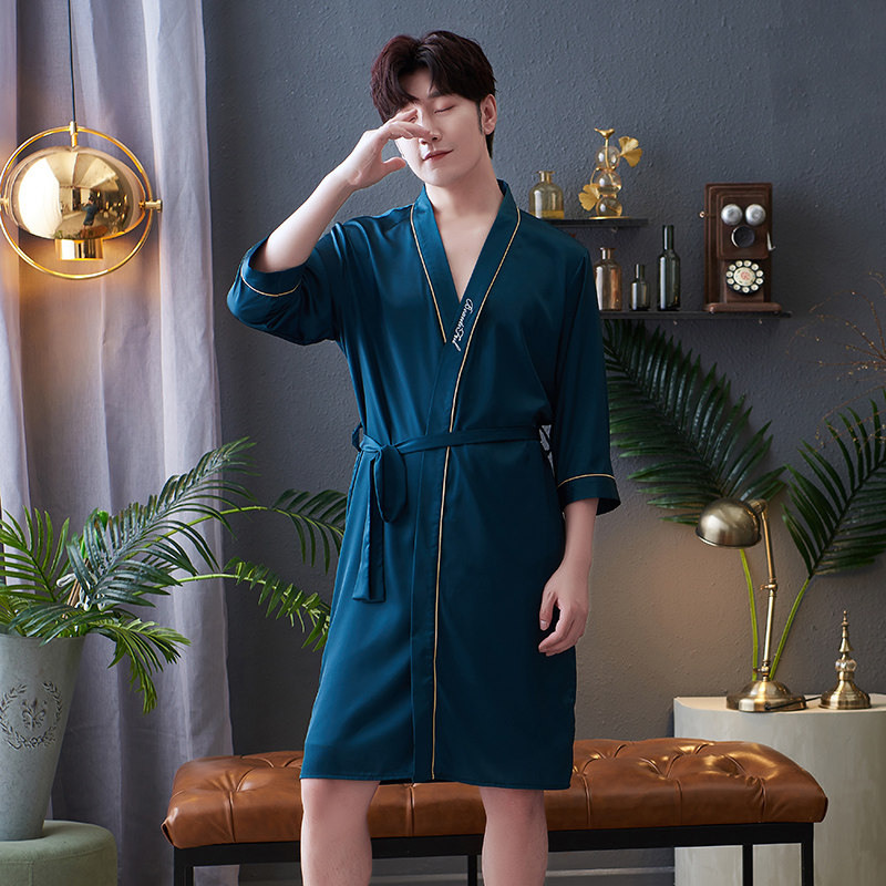夏季男士冰丝丝绸长袖中长款睡袍 顿尼科睡袍/浴袍