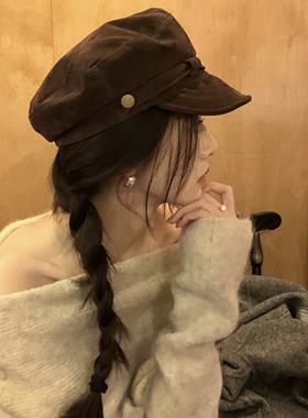 入秋氛围感美拉德棕色麂皮平顶报童帽女秋冬复古英伦八角画家帽子
