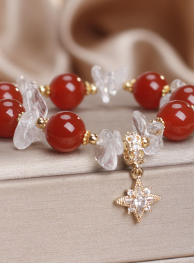 天然红玛瑙白水晶六芒星手链女