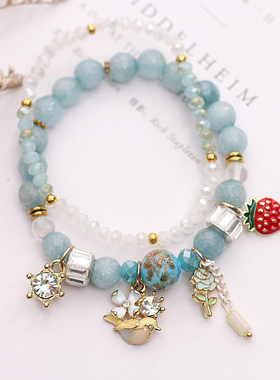 少女心草莓花朵串珠森系水晶手链