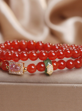 天然红玛瑙双圈手链招财葫芦