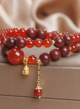 新中式天然红玛瑙双圈手链显白