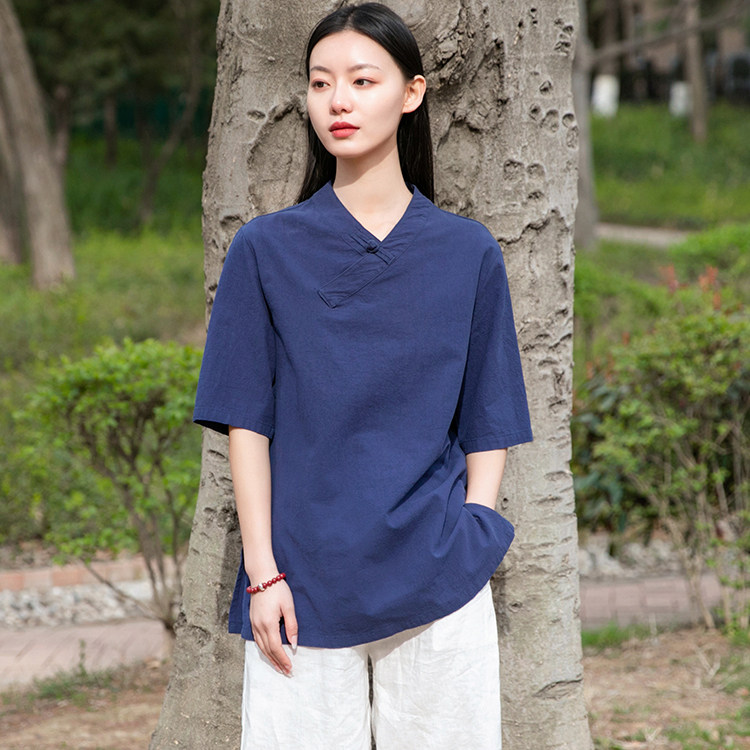 棉麻太极服女夏短袖上衣 复古中国风太极拳练功服武术服