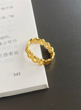 钛钢不掉色韩版金色铜钱戒指男女情侣小众钱币时尚个性食指环