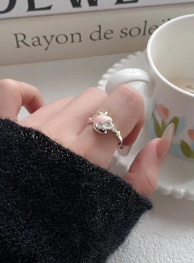 小清新珠光粉苹果锆石可调节开口指环戒指女小众高级轻奢食指戒