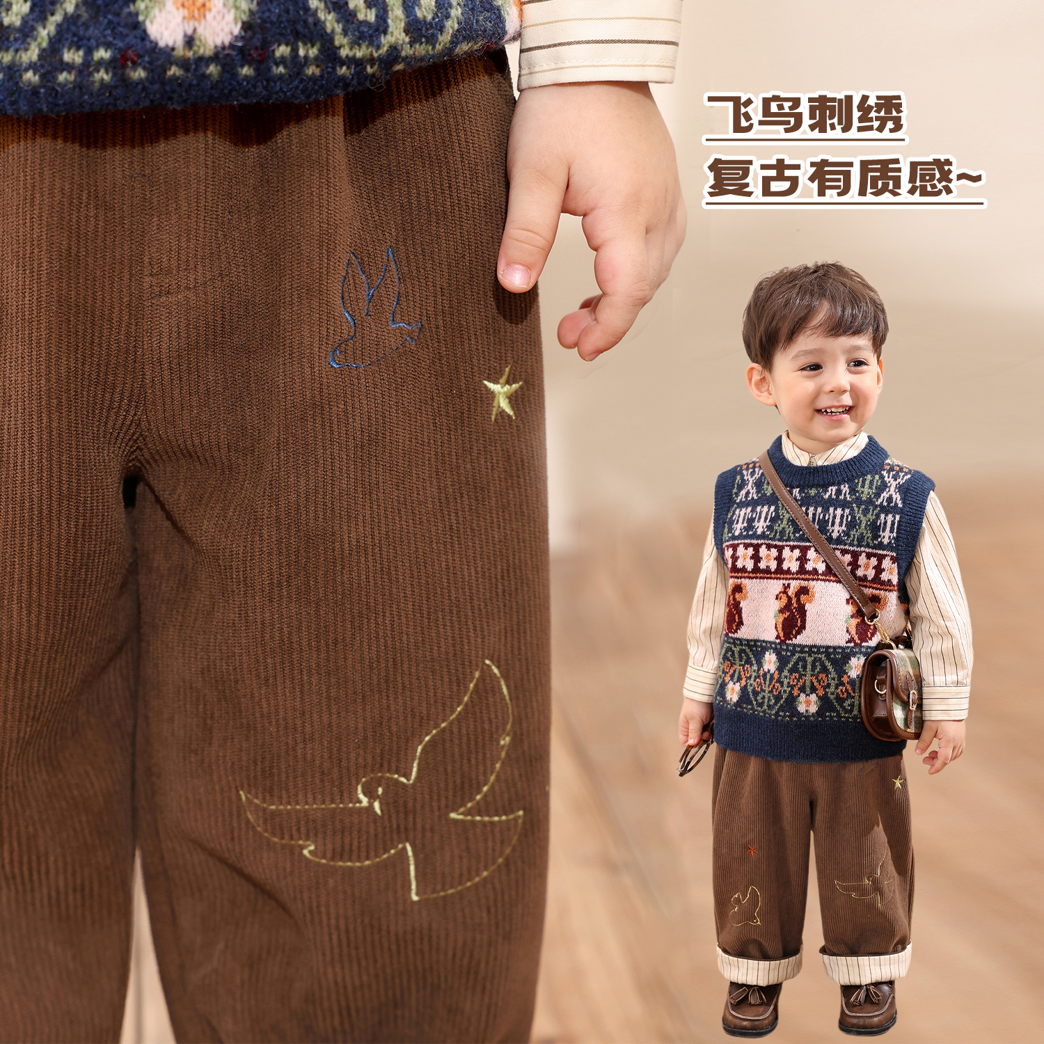 小O爸男婴童 宝宝加绒裤子冬季2025新款刺绣百搭灯芯绒长裤 - 图1