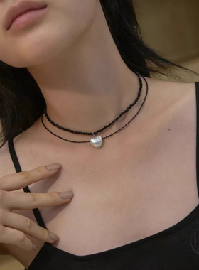 韩国东大门paparazzi黑晶爱心花朵项链ins甜酷小众双层颈链锁骨链