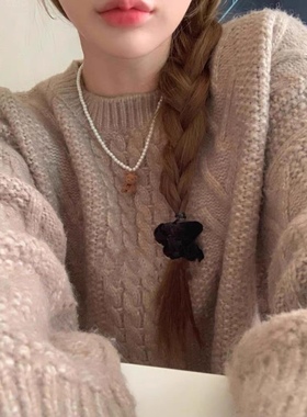 韩系ins 风绒面小熊吊坠仿珍珠项链女气质小众锁骨链