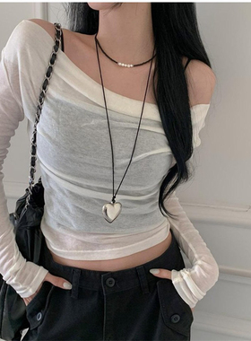 韩国ins风气质小众夸张大爱心长款毛衣链黑晶珍珠叠戴项链锁骨链