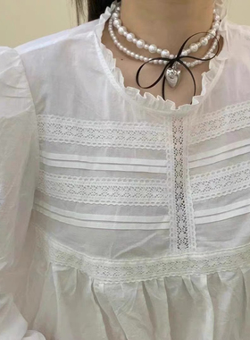 韩国东大门edito丝带蝴蝶结金属爱心双层珍珠项链锁骨链甜酷风ins