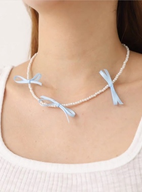 现货韩国东大门ins气质甜美风少女丝带蝴蝶结珍珠项链锁骨链