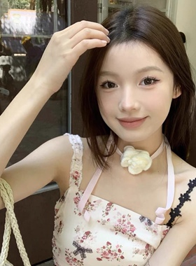 ins复古百搭粉色丝绒针织花朵choker项链纯欲风可爱绑带丝带颈带