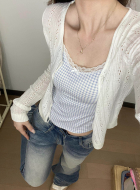 小香风冰丝针织防晒衫女夏季v领长袖外搭小外套白 色开衫薄款上衣