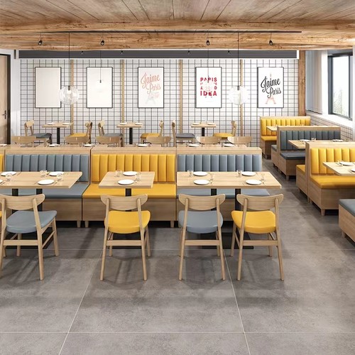 定制餐吧茶餐厅汉堡店商用餐饮饭店食堂靠墙板式卡座沙发桌椅组合-图1