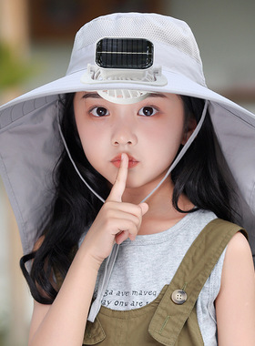 新款儿童太阳能风扇帽可充电户外休闲夏季遮阳防晒护脖披肩帽女孩