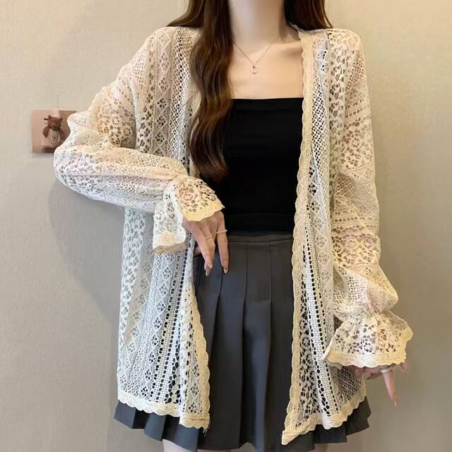 2026 Super Fairy Summer Thin Hollow Lace Cardigan Top Personalized Versatile Loose Outerwear Seaside Shawl Ins