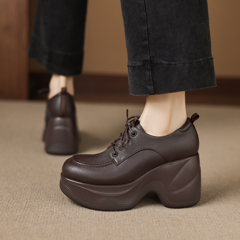 9cm头层羊皮深口单鞋欧美风厚底女鞋系带小皮鞋高跟小个子增高鞋 - 图1