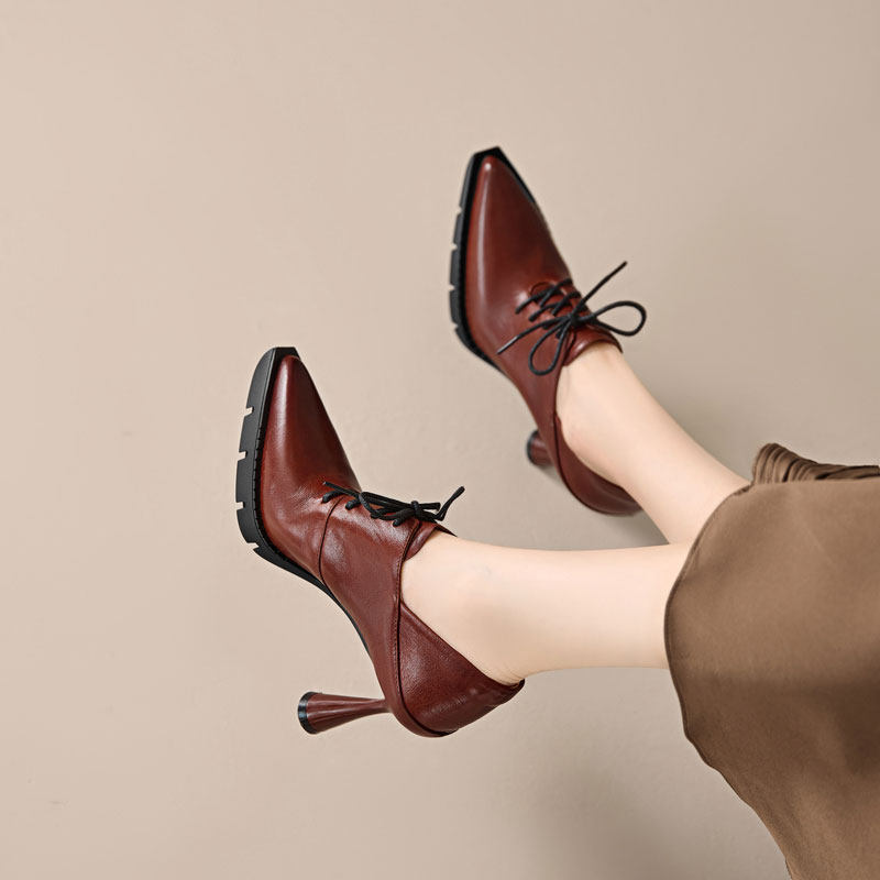 8.9cm头层牛皮深口单鞋女欧美风尖头系带时尚百搭皮鞋显瘦高跟鞋,淘宝优惠券,粉丝福利购,淘宝优惠卷