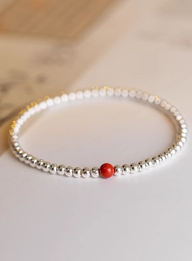 普陀山朱砂好运珠手链原创设计女闺蜜学生礼物银珠子细款纯银diy