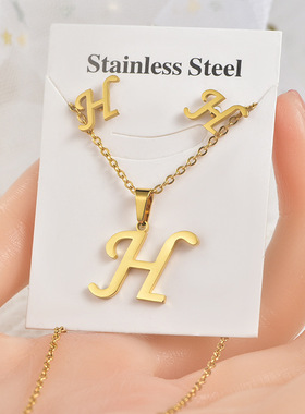 钛钢首饰套装不锈钢饰品项链耳环跨境外贸英文字母不掉色耳钉吊坠