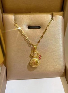 钛钢福字镂空福袋项链女小众ins复古钱袋情人节礼物不掉色锁骨链