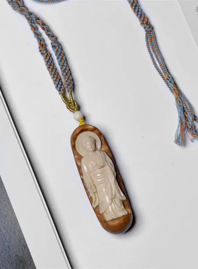 大日如来吊坠猛犸牙镶老山檀大日如来佛像佛牌毛衣链挂件项坠项饰
