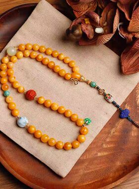 天然俄料老蜜蜡南红海纹石毛衣链